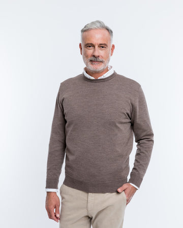 Brown Crew Neck Sweater 100% Merino Wool